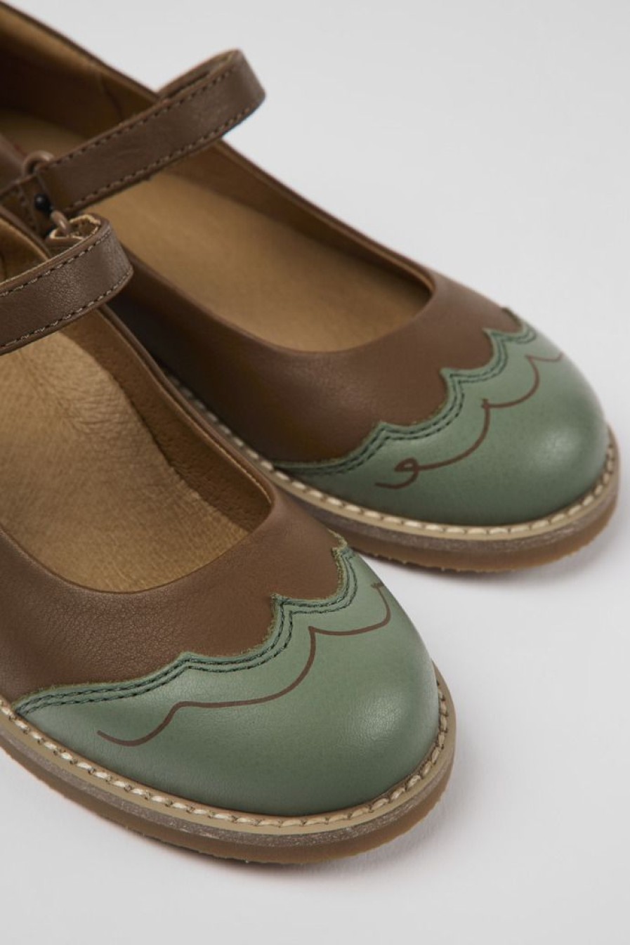 Camper Ballerina Da Bambini In Pelle Marrone E Verde | Ballerine